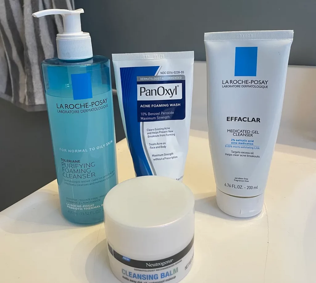 Annie Gullo shares her skincare routine products: LaRoche-Posay Purifying Foaming Cleanser, PanOxyl Acne Foaming Wash, LaRoche Posay Medicated Gel Cleanser, Neutrogena Cleansing Balm