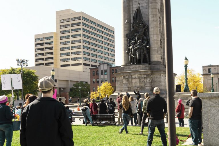 "All women's lives matter" was chanted throughout downtown Syracuse during this year's women's march. The event was put on by many different activists groups in Syracuse. (Photo by Patrick Linehan)