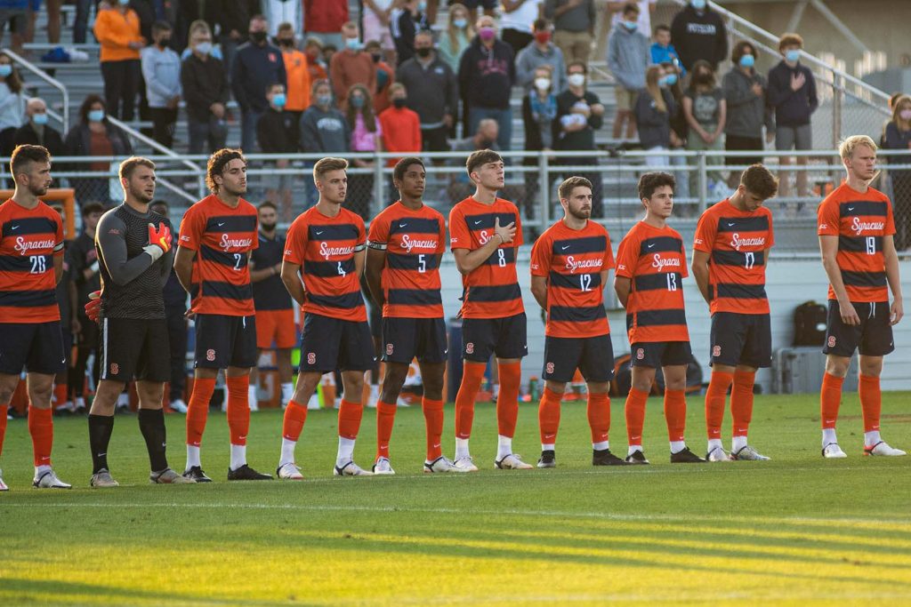 The Syracuse Men's Soccer team during the national anthem on 9/3/21.