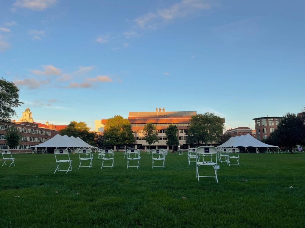 An arrangement of 35 chairs are spread across The Quad in remembrance of the 35 students who died in the Pan Am 103 crash.