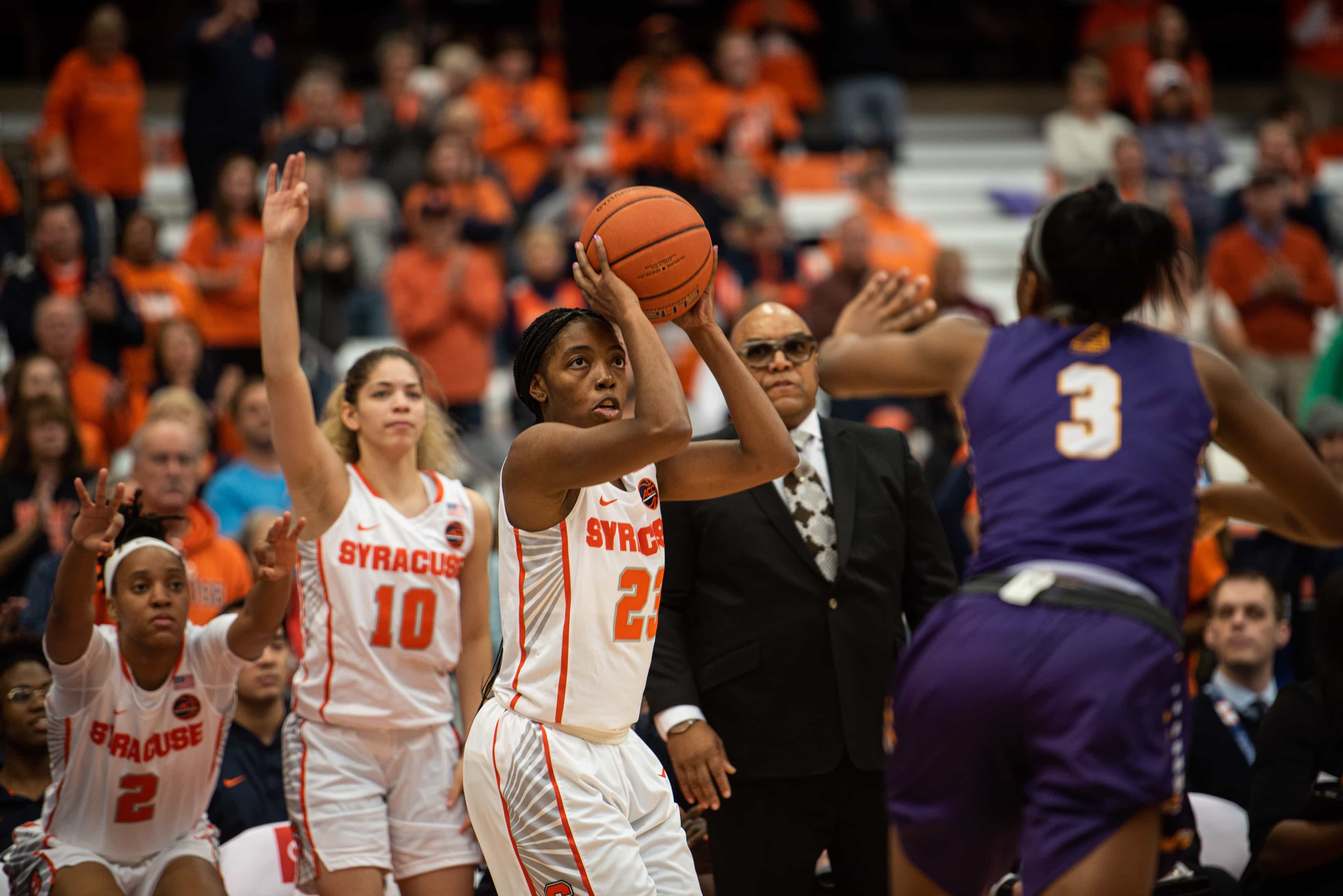 Syracuse guard Kiara Lewis prepares to take a shot. Lewis scored 17 points in their victory 75-53 against Albany.