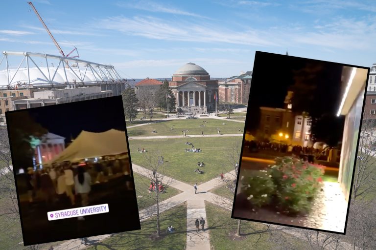 Scene of Syracuse University Quad where a large gathering of students on August 19 violated campus safety policies for COVID-19.