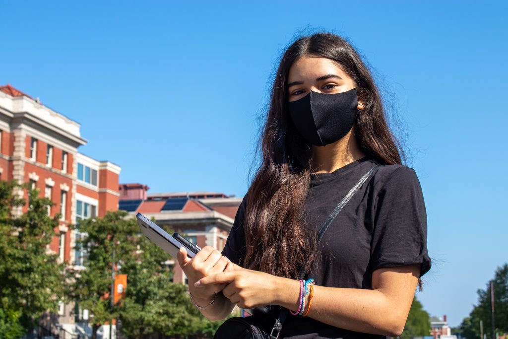 Management freshman Zain Nsour dons a black mask which completes her all-black outfit—though she said it wasn't planned. She woke up late for her first class and was scrambling to get out the door, and just grabbed the first mask she saw.