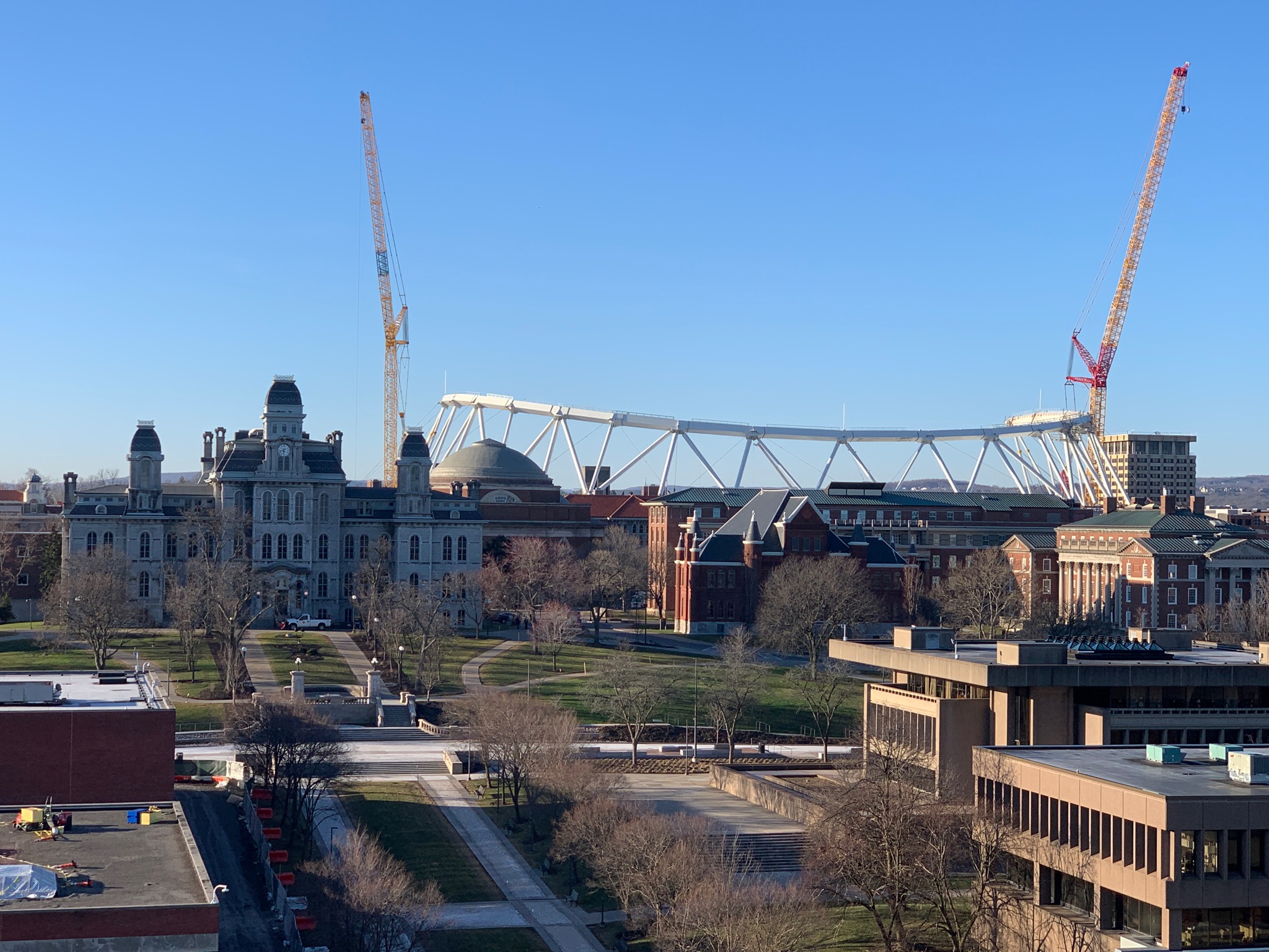 View from atop the Sheraton Hotel as the Carrier Dome lowers its air-pressured roof on Monday, March 16, 2020.