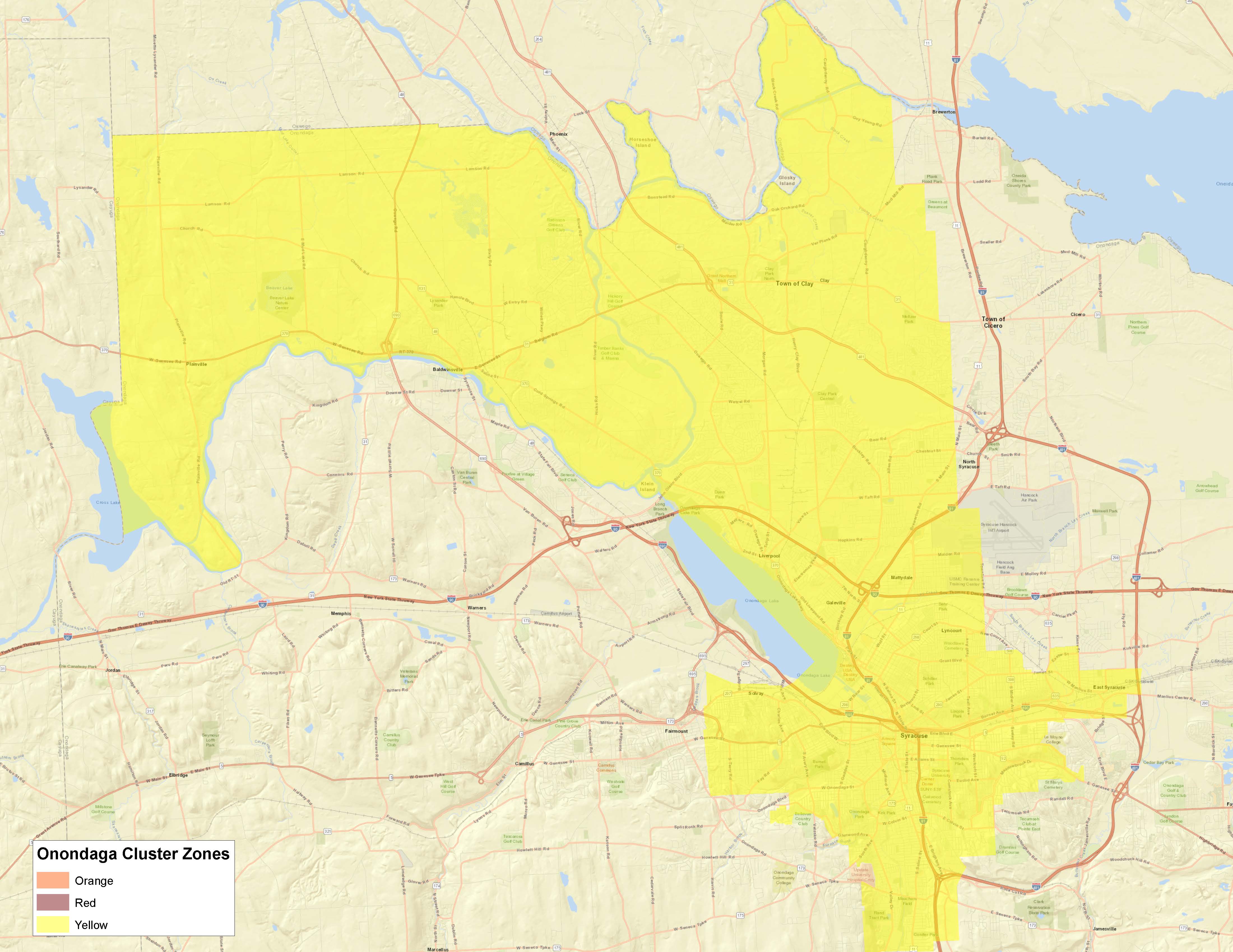 A map of Onondaga County's new coronavirus cluster yellow zone.