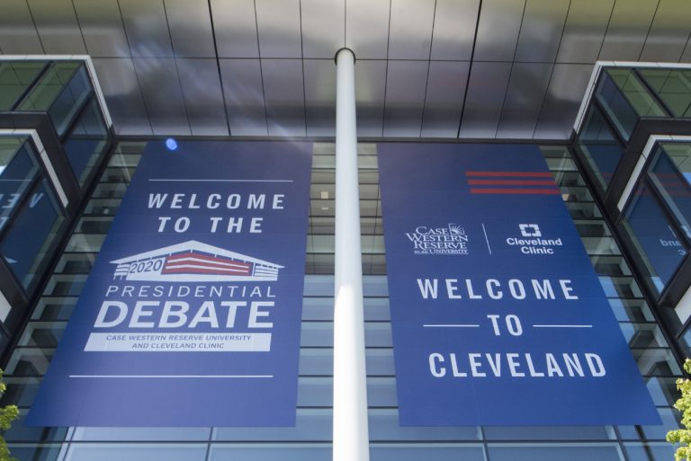 Banners outside Samson Pavilion at Case Western Reserve University for the 2020 Presidential Debate on Sept. 29, 2020.