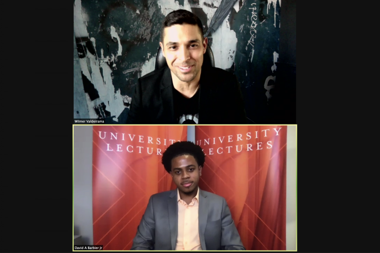 Actor Wilmer Valderrama speaking with David Barbier Jr., an international relations and television, radio and film sophomore for the University Lectures virtual talk on Sept. 23, 2020.