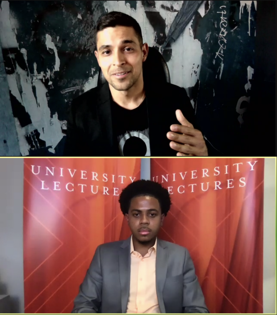 Actor Wilmer Valderrama speaking with David Barbier Jr., an international relations and television, radio and film sophomore for the University Lectures virtual talk on Sept. 23, 2020.