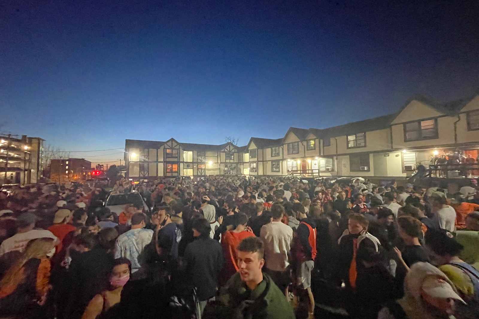 Students gather at Castle Court after SU men's basketball wins against WVU, putting them in the Sweet Sixteen on March 21, 2021