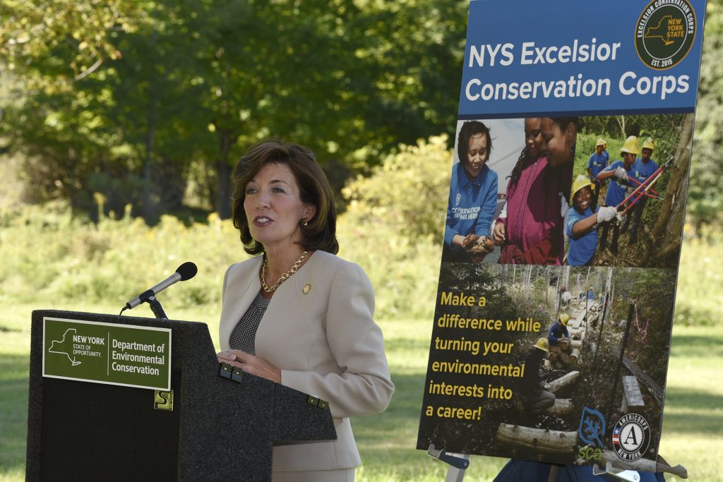 New York Lt. Gov. Kathy Hochul speaking at the state Excelsior Conservation Corps announcement in 2015.