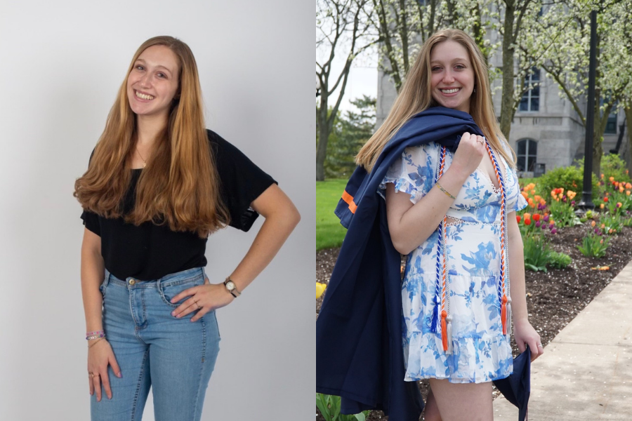 Emily Bright poses on the left in 2020 before COVID and on the right in her cap and gown in 2022.