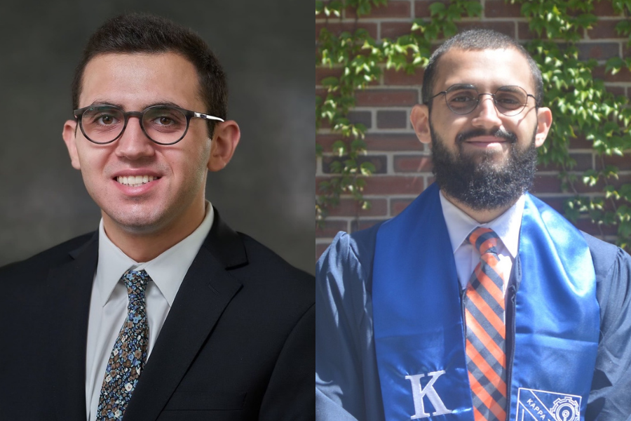 Steve Sfikas poses for a headshot in 2020 before COVID on the left and in 2022 wearing his cap and gown on the right.