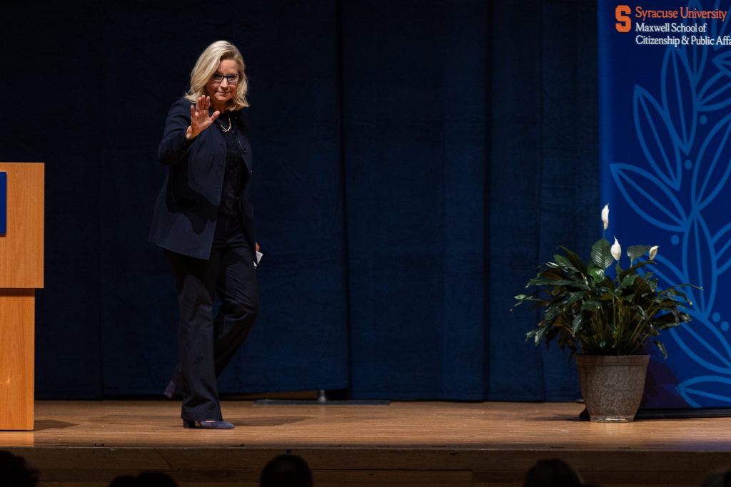 Congresswoman Liz Chaney waves to the crowd after she is introduced in the Goldstein Auditorium on Monday, October 3rd 2022.