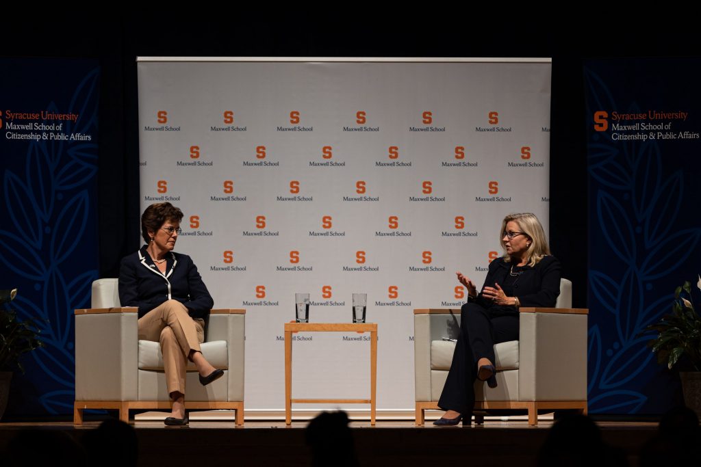 Congresswoman Liz Cheney and Provost Gretchen Ritter speak in Goldstein Auditorium on October 3rd, 2022
