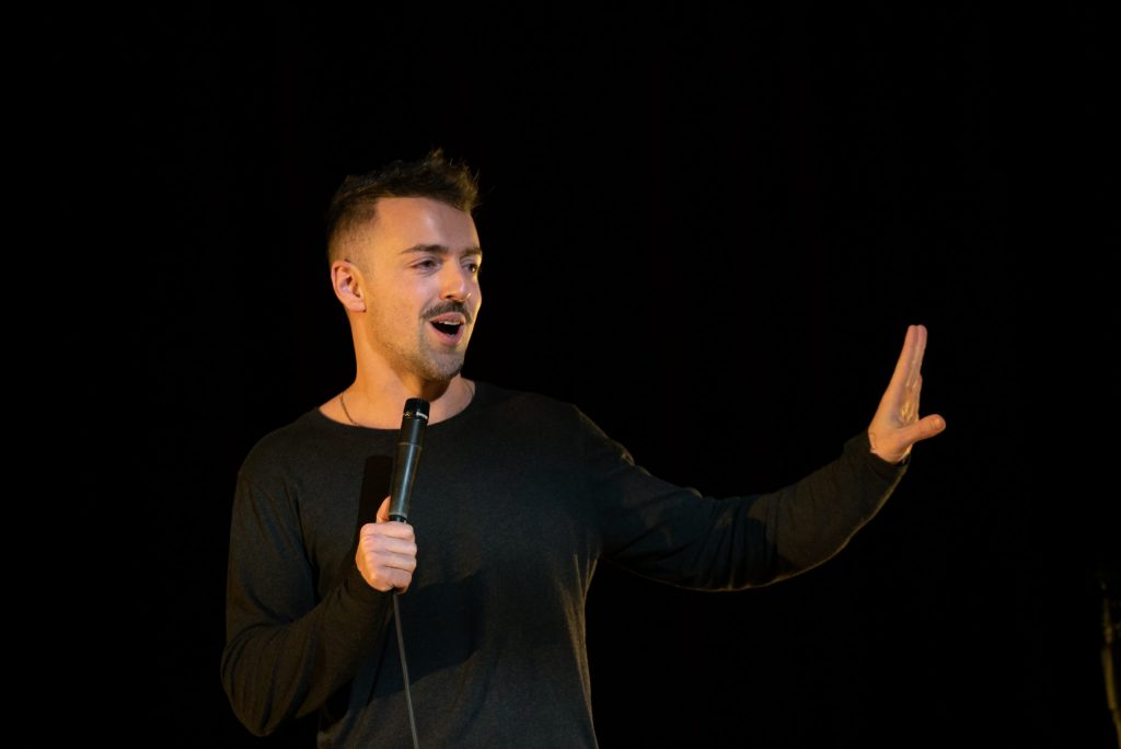Comedian Matteo Lane, opener for Jay Pharoah, at the Feb. 18, 2022, University Union comedy show at Goldstein Auditorium.
