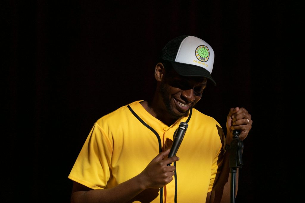 Host AJ, opening for Jay Pharoah, at the Feb. 18, 2022, University Union comedy show at Goldstein Auditorium.
