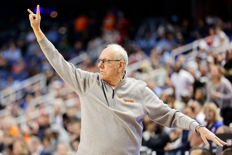 GREENSBORO, NC - MARCH 08: Head coach Jim Boeheim of the Syracuse Orange makes a call out during the second half against the Wake Forest Demon Deacons at Greensboro Coliseum on March 8, 2023 in Greensboro, North Carolina. (Photo by Isaiah Vazquez/The Newhouse)est v Syracuse