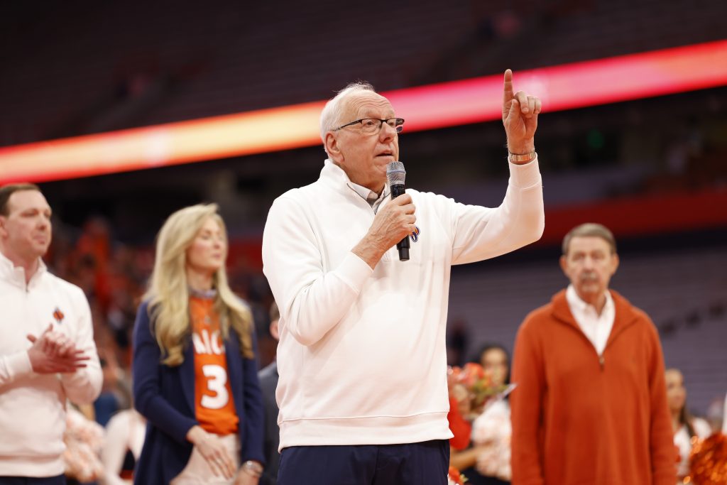 Syracuse coach Jim Boeheim delivers a speech after Gerry McNamara's and Hakim Warrick's jersey retirement ceremony on Saturday, March 4, 2023 at JMA Wireless Dome.