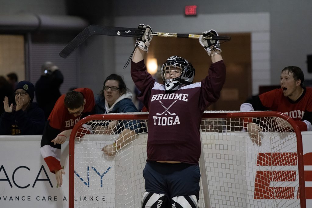 The Broome Tioga goalie celebrates a score during a division three floor hockey match at the Special Olympics New York Winter Games on Saturday, Feb. 25, 2023, at the Oncenter in Syracuse, N.Y.