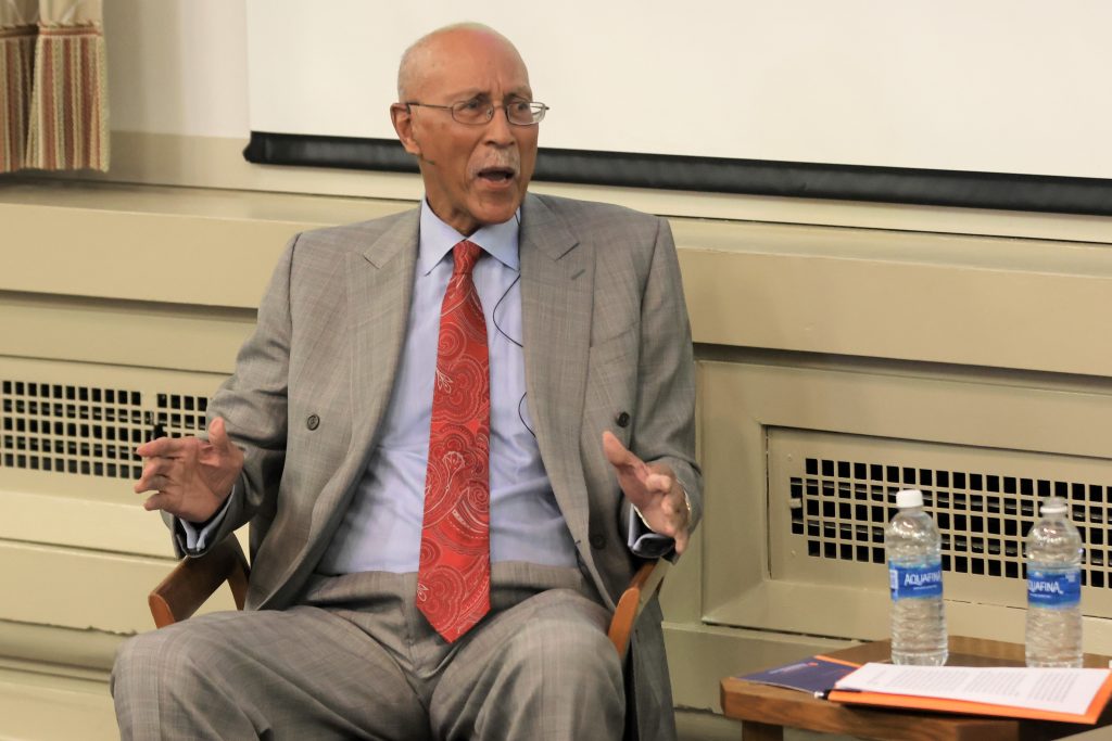 NBA Hall of Famer and former Detroit m ayor Dave Bing ’66 speaks in Maxwell Auditorium at Syracuse University on Friday, Feb. 17, 2023.