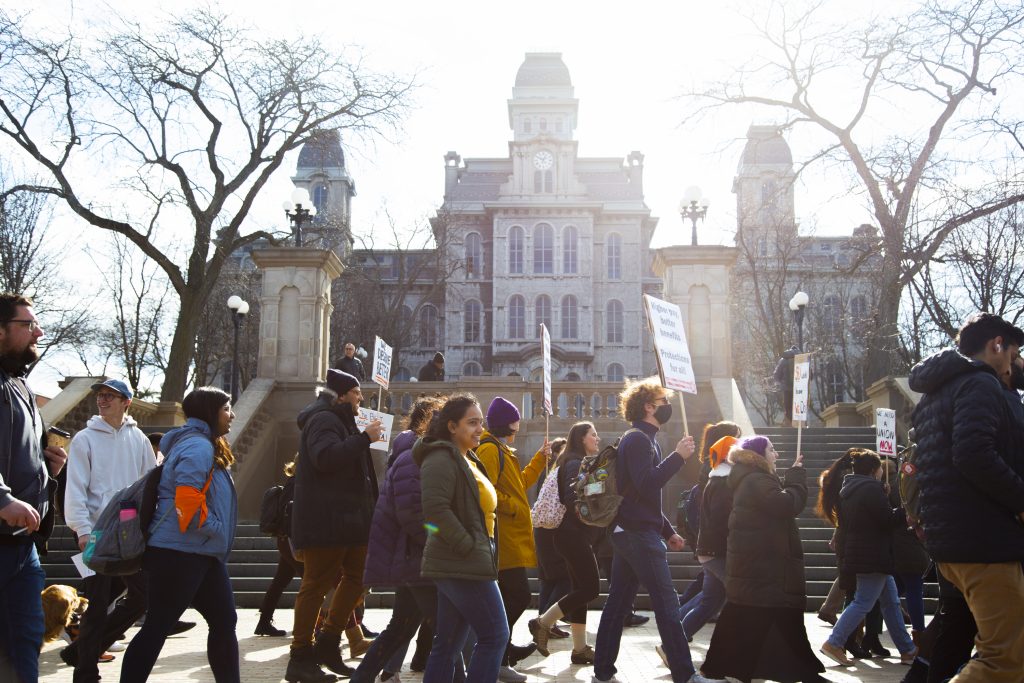Graduate student employees at Syracuse University join to form a recognized union in their March of Recognition on Wednesday Feburary 8, 2023. (Photo by Joohee Na)