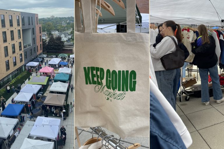 Collage of vendor tents, tote bag and shoppers at the Keep Going Market