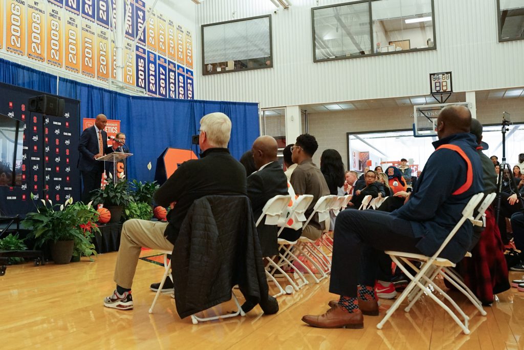 Syracuse Head Coach Adrian Autry speaks during a press conference on Friday, March 10, 2023 in the Carmelo K. Anthony Basketball Center. Photo by Joseph Martino.