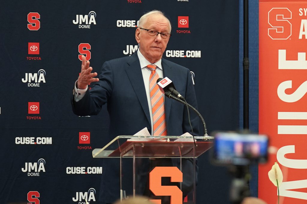 AlteFormer Syracuse Coach Jim Boeheim speaks during a press conference on Friday, March 10, 2023 in the Carmelo K. Anthony Basketball Center. Photo by Joseph Martino.rnative Text