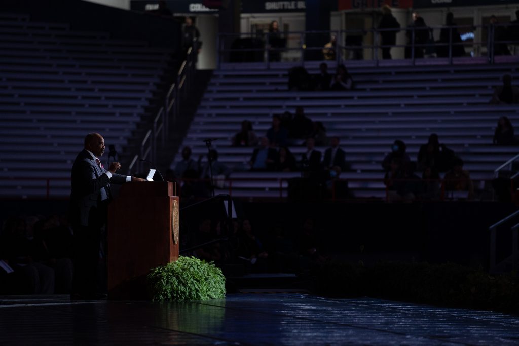 Reverend Phil Turner addresses the crowd at the 38th annual Rev. Dr. Martin Luther King Jr. Celebration at Syracuse University's JMA Wireless Dome on Sunday, Jan. 22, 2023.