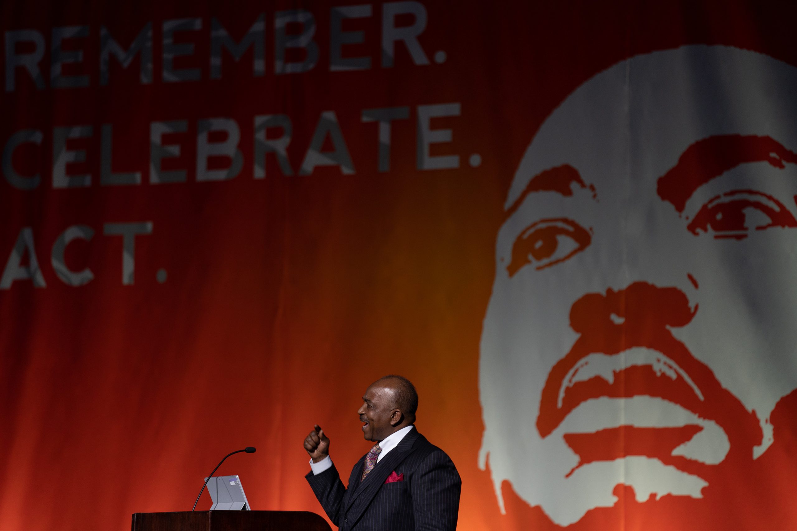 Reverend Phil Turner addresses the crowd at the 38th annual Rev. Dr. Martin Luther King Jr. Celebration at Syracuse University's JMA Wireless Dome on Sunday, Jan. 22, 2023.