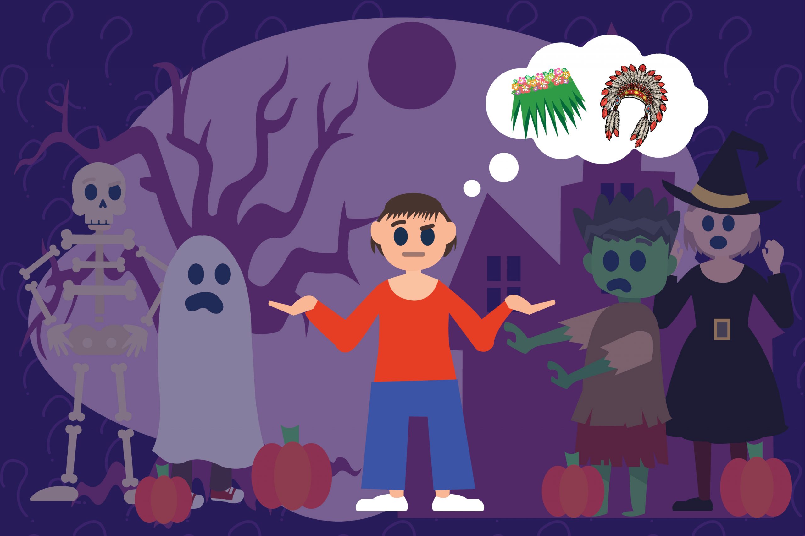 A man stands before a Halloween scene featuring a ghost, a witch, a skeleton and a zombie. He contemplates costumes that exhibit cultural appropriation.