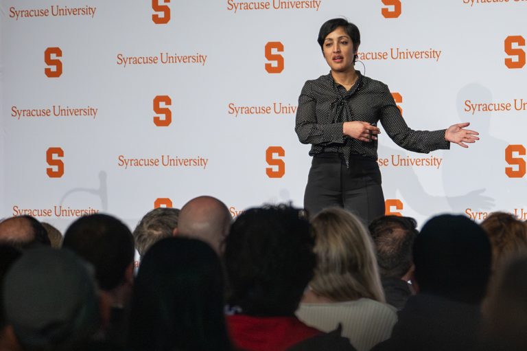 Rumman Chowdhury, CEO of Humane Intelligence, visits Syracuse University to conduct a lecture about Generative AI and the future of humanity on March 6, 2024 in Goldstein Auditorium.