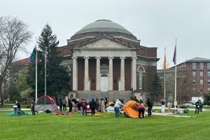 Syracuse University Gaza Solidarity Encampment sets up camp on the Quad near Hendricks Chapel on Monday, April 29, 2024.