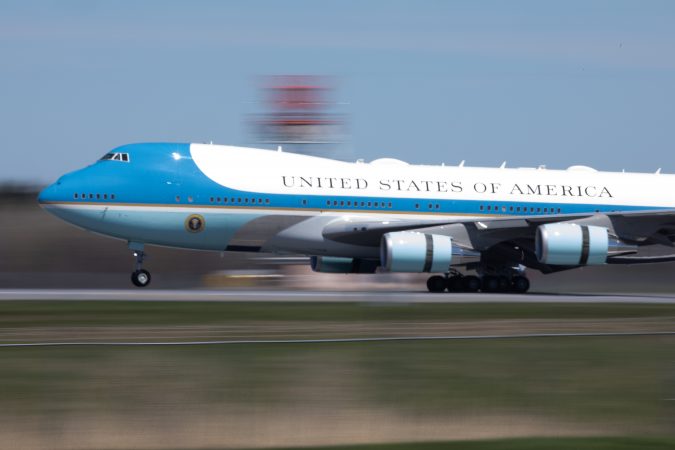 With President Joe Biden aboard, Air Force One lands at Syracuse International Airport on April 25, 2024. Biden is in Syracuse to celebrate his CHIPS program that led to Micron building a multi-billion dollar semiconductor facility in Clay, NY.