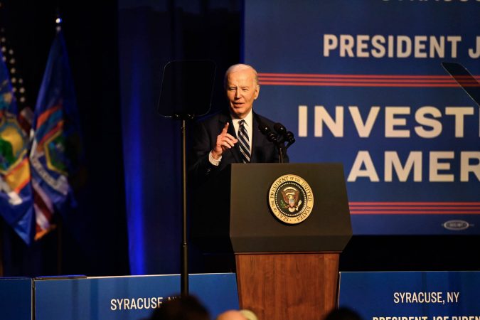 President Joe Biden celebrates the Micron deal at the Museum of Science and Technology in downtown Syracuse on Thursday, April 25.