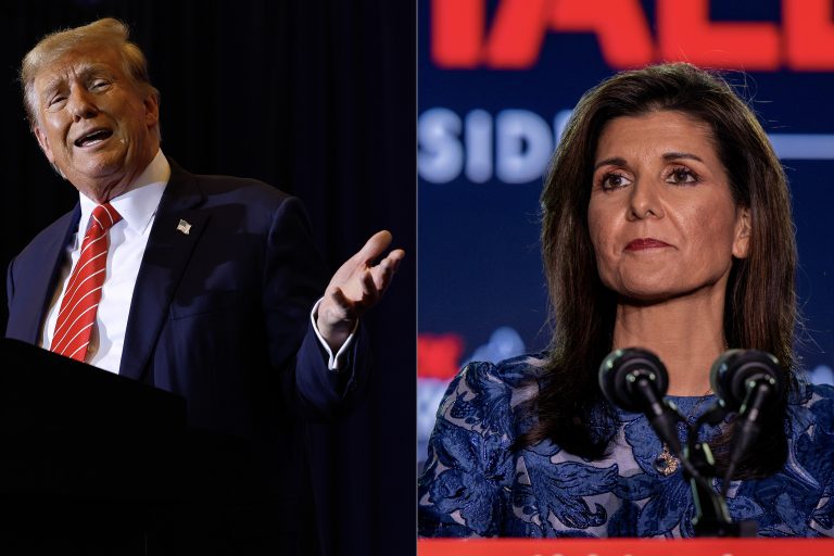 Former President Donald Trump and former South Carolina Gov. Nikki Haley appear before supporters at the close of the New Hampshire primary.