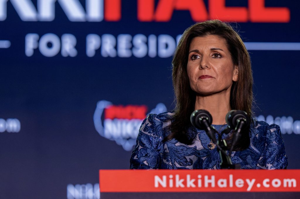 Republican presidential candidate, former U.N. Ambassador Nikki Haley delivers remarks at her primary-night rally at the Grappone Conference Center on January 23, 2024 in Concord, New Hampshire.