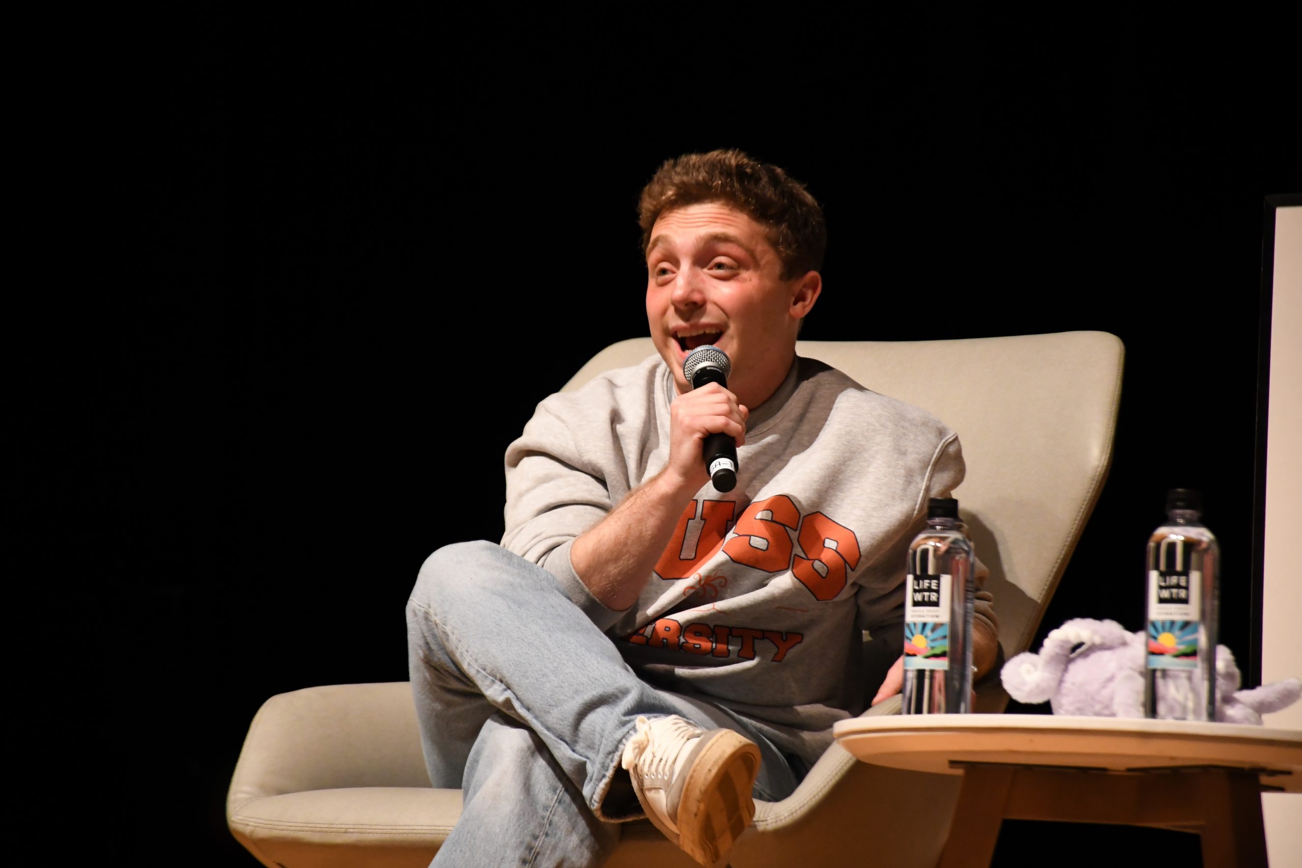 TikTok comedian Jake Shane on stage at the Q&A event hosted by University Union on Dec. 1, 2023.