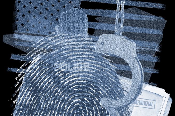 A graphically designed illustration overlaying images of handcuffs, a fingerprint, confidential files, the American flag, and the back of a police officer