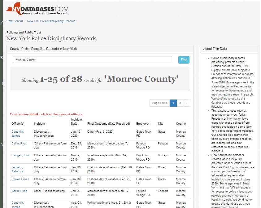 Screenshot of a search for Monroe county in digital database