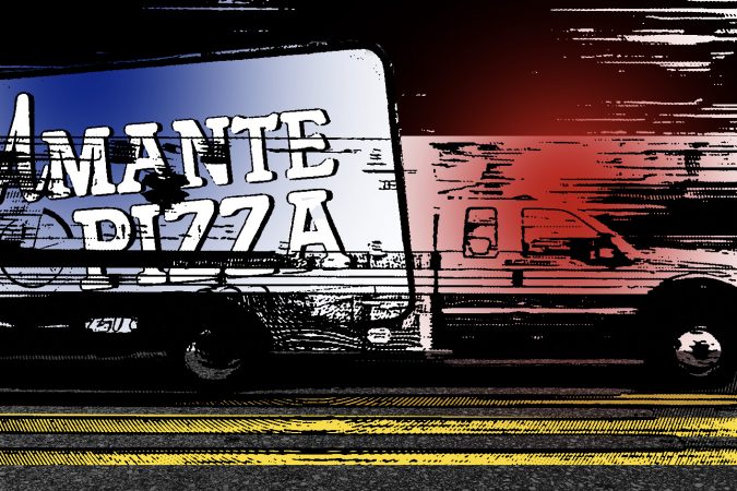 An Illustration containing a sign for Amante Pizza, the store that Sabeeh Alikawi worked at and a car driving at high speeds.