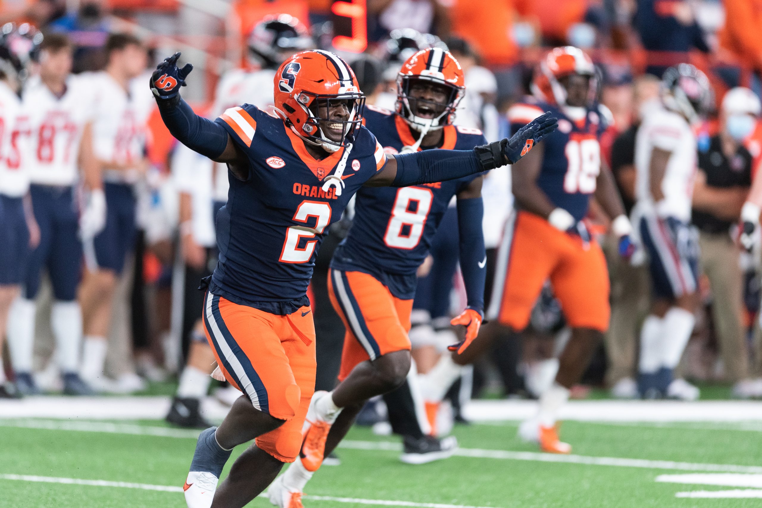 Football Game Syracuse University vs Liberty, September 24, 2021. Marlowe Wax celebrating a sack.