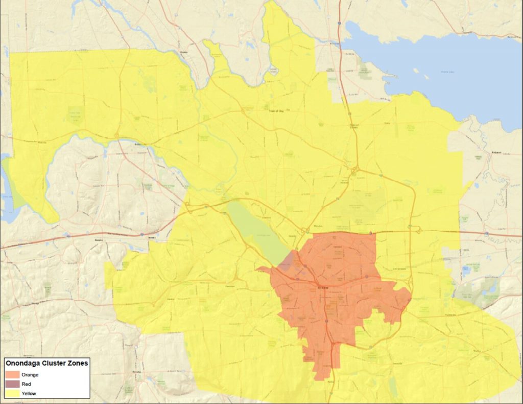 A map of the COVID-19 yellow and orange zones within Onondaga County