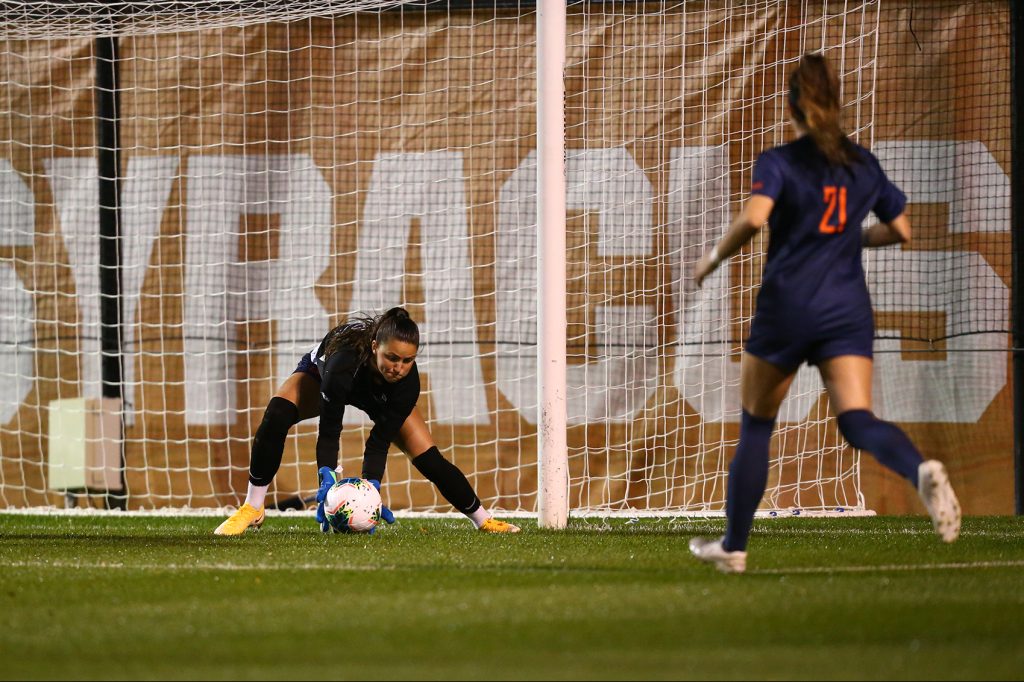 Goalie Lysianne Proulx stops a shot on goal in Syracuse's 2-0 loss to UNC Thursday night.