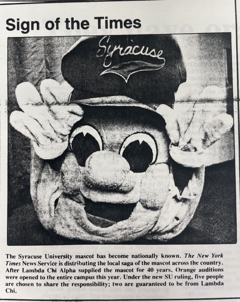 The announcement from the Syracuse Herald-Journal that Otto the Orange was SU’s official mascot. Photo by Christopher Cicchiello