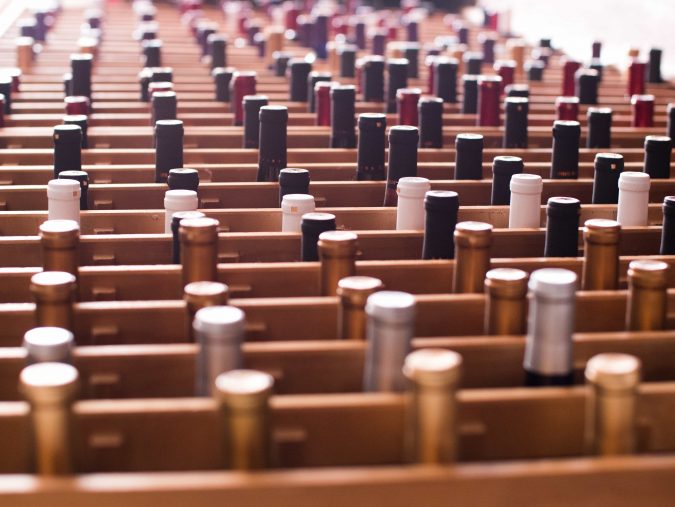 Cases of wine bottles at Coyote Moon Vineyards in Clayton, New York.