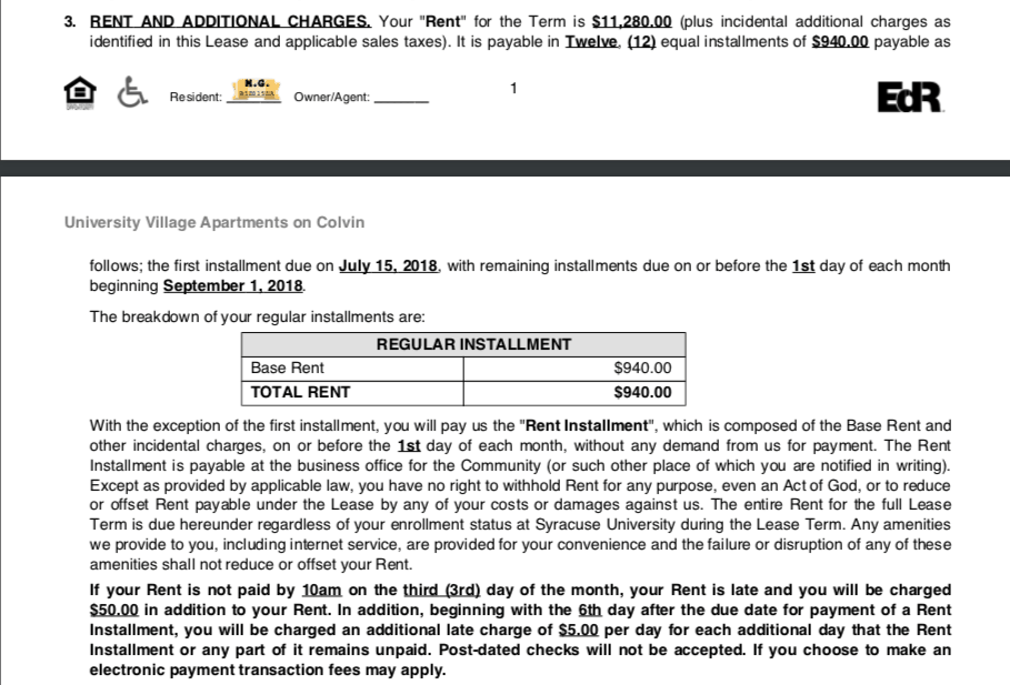 University Village at Colvin Late Payment Clause