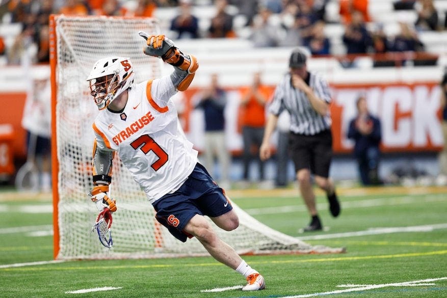 Syracuse's Nate Solomon celebrates in an April 3, 2018 game against Hobart.