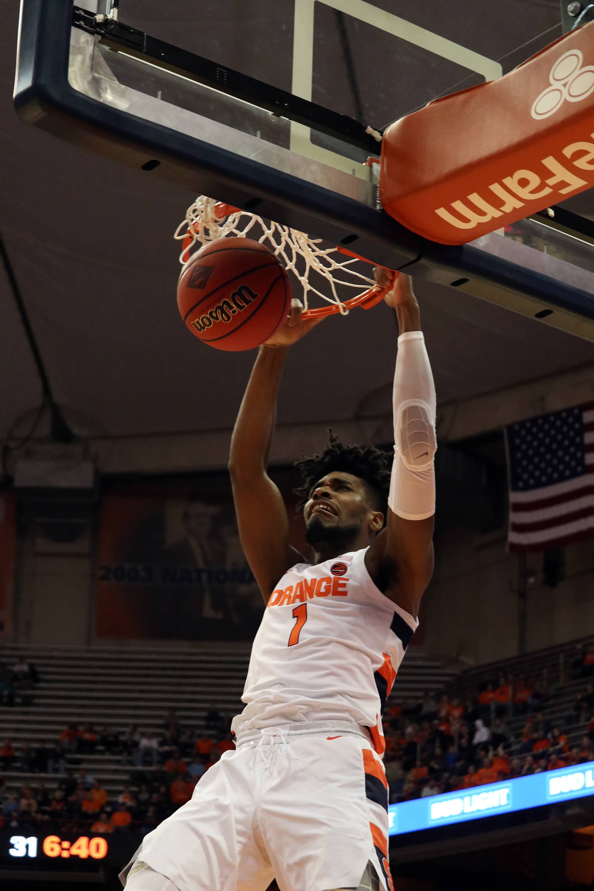 Syracuse University’s forward Quincy Guerrier (1), dunks the basketball against Seattle University during the first half of a college basketball game on Nov. 16, 2019. Syracuse beat Seattle with a score of 89 to 67.