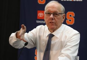 Syracuse University’s varsity men’s basketball coach Jim Boeheim speaks to reporters in a press conference after the game against Colgate on Nov. 13, 2019. Syracuse beat Colgate with a score of 70 to 54.
